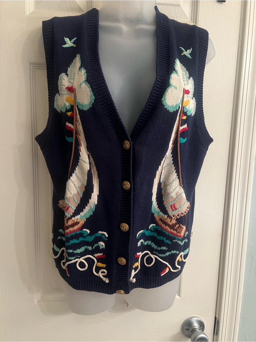 Susan Bristol VTG sail boat print cardigan cotton small
